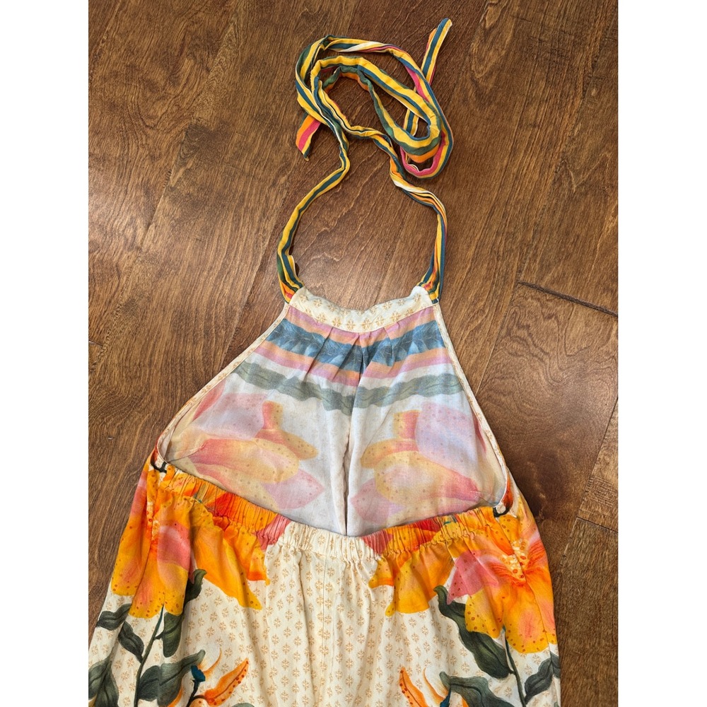 Farm Rio Tropical Floral Wide Leg Halter Jumpsuit Sz L Yellow Boho Anthropologie - Picture 14 of 16